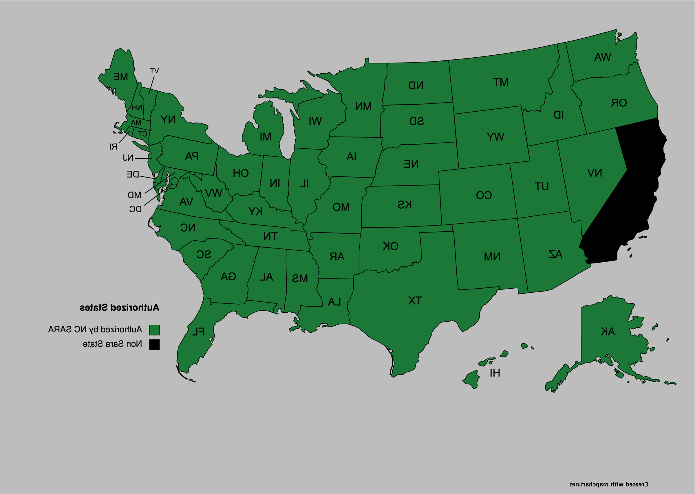 授权国家地图.  除加州外都是绿色.